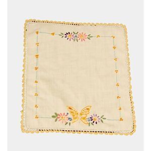 Vintage Table Top Embroidered Butterfly and Flowers Cloth Textile Fabric Square